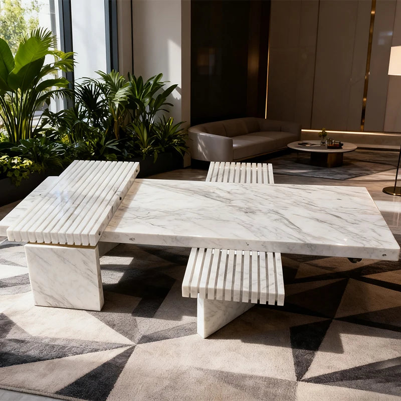 Luxury Grooved Natural Marble Coffee Table Modern Italian Style for Villa