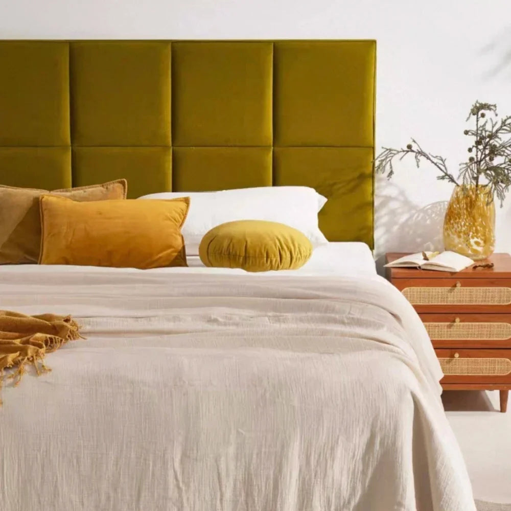 Fennel Upholstered Bed – Zongzi Leaf Green Fabric – Modern Architectural Statement Piece