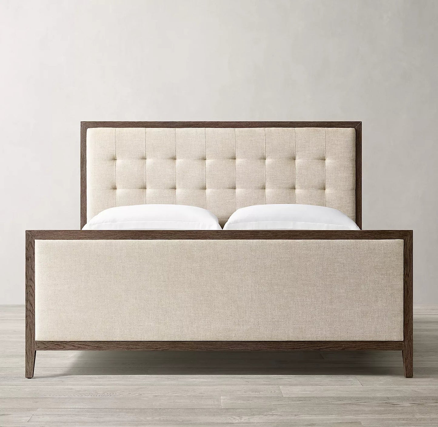 Upholstered Winged Panel Bed – Box-Tufted Headboard, Brushed Oak European Design