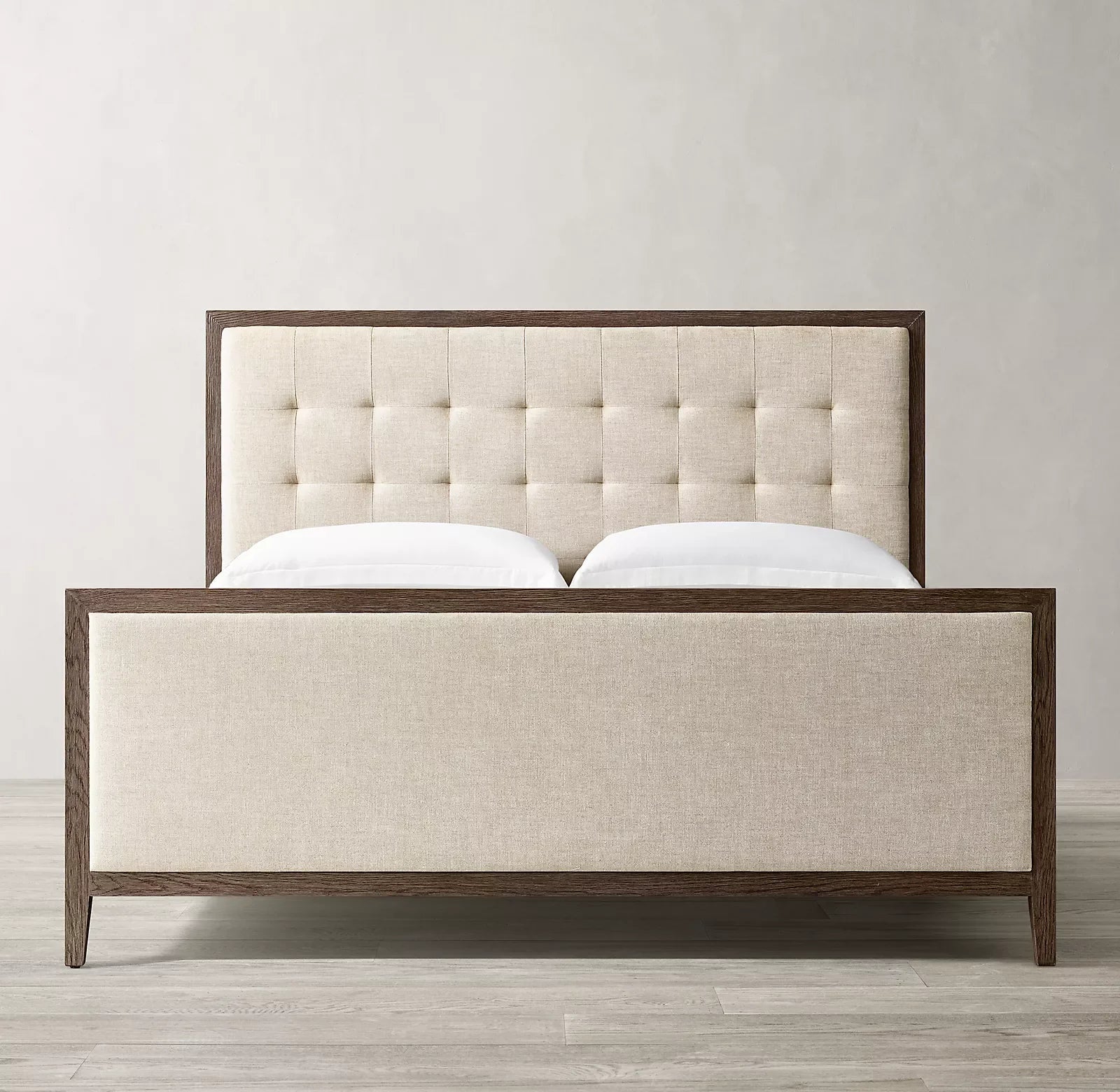 Upholstered Winged Panel Bed – Box-Tufted Headboard, Brushed Oak European Design