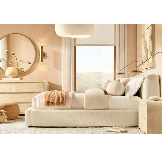 Upholstered Bed for Teens – Wing Design in Natural Bouclé