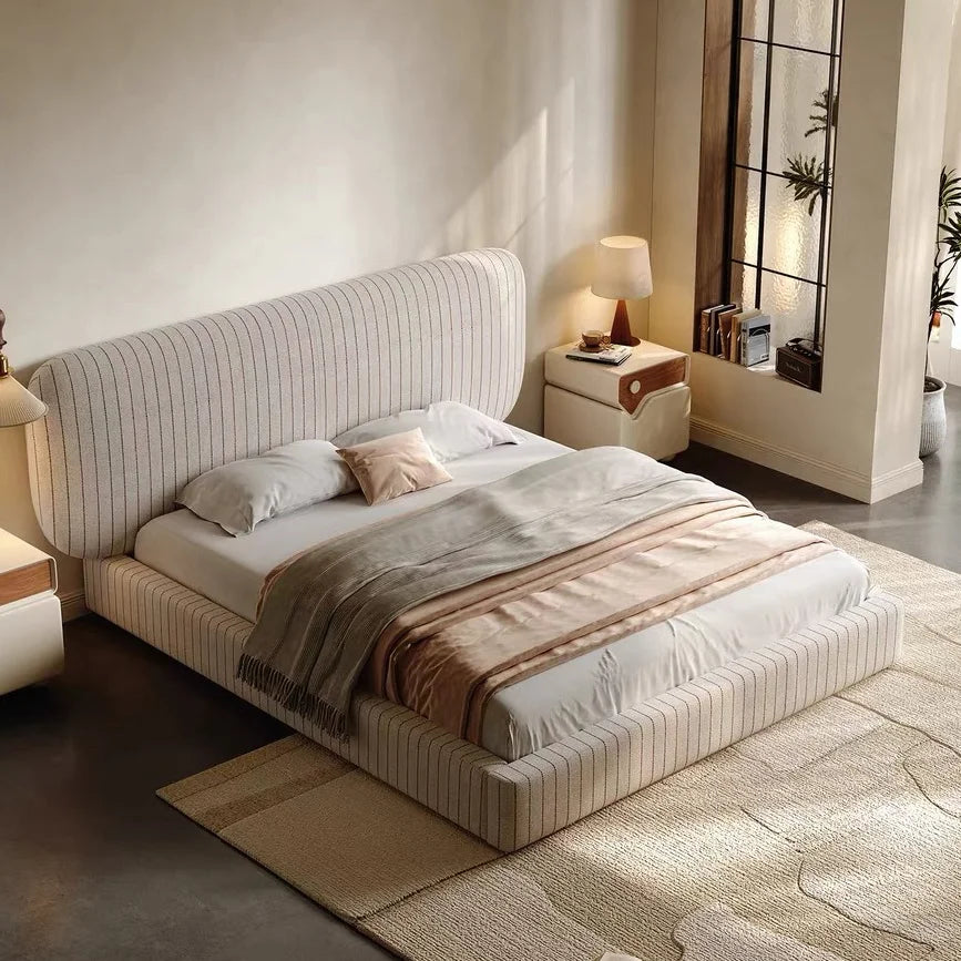 Upholstered Bed – Arc-Shaped Stripe Velvet Rice White – Minimalist Statement Piece