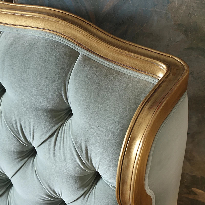 French Provincial Upholstered Bed – Hand-Carved Distressed Gold Solid Wood