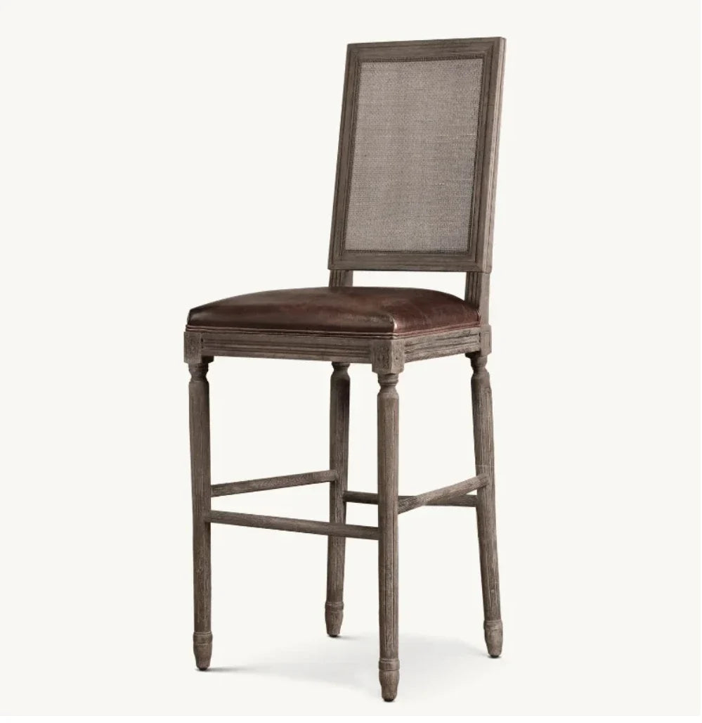 Vintage French Cane Back Bar Stool – Waxed Grey Oak & Leather Statement Piece