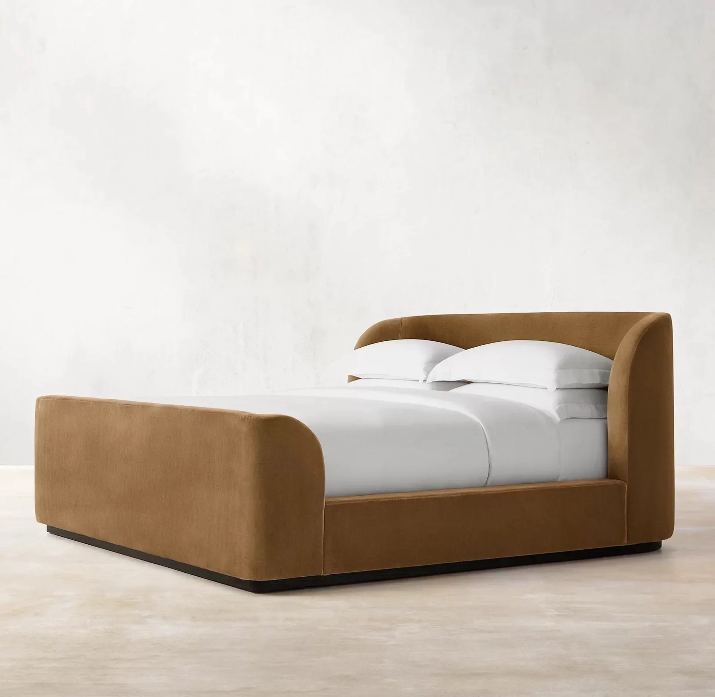 Italian Minimalist Upholstered Bed – Wrap-around Rice White Velvet Statement Piece