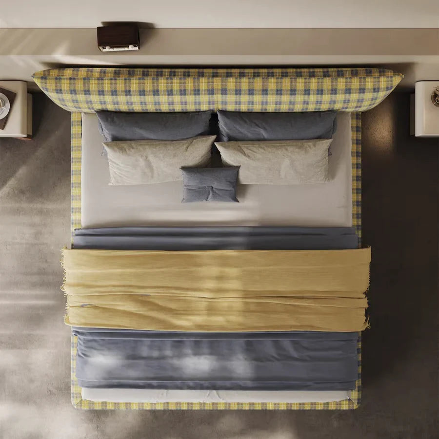 French Vintage Upholstered Bed – Midcentury Modern Wool Plaid Statement Piece | 5550