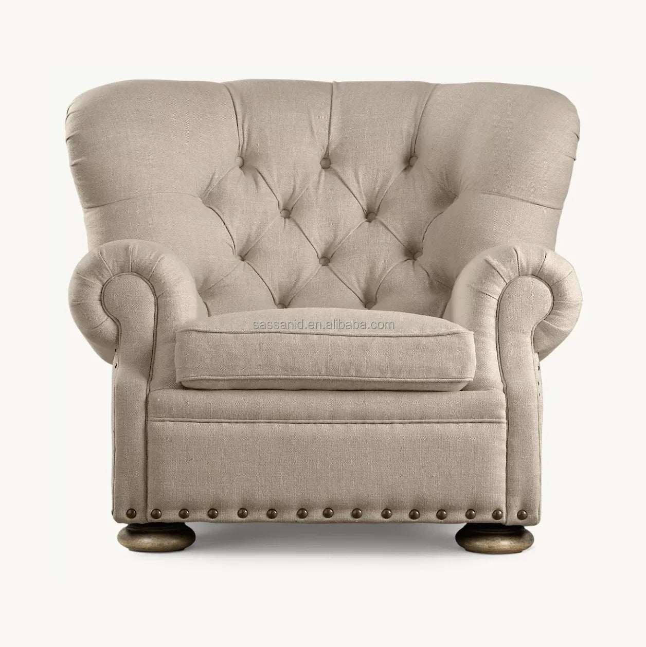 Wingback Accent Chair with Nailhead Trim, Linen – French Contemporary Style