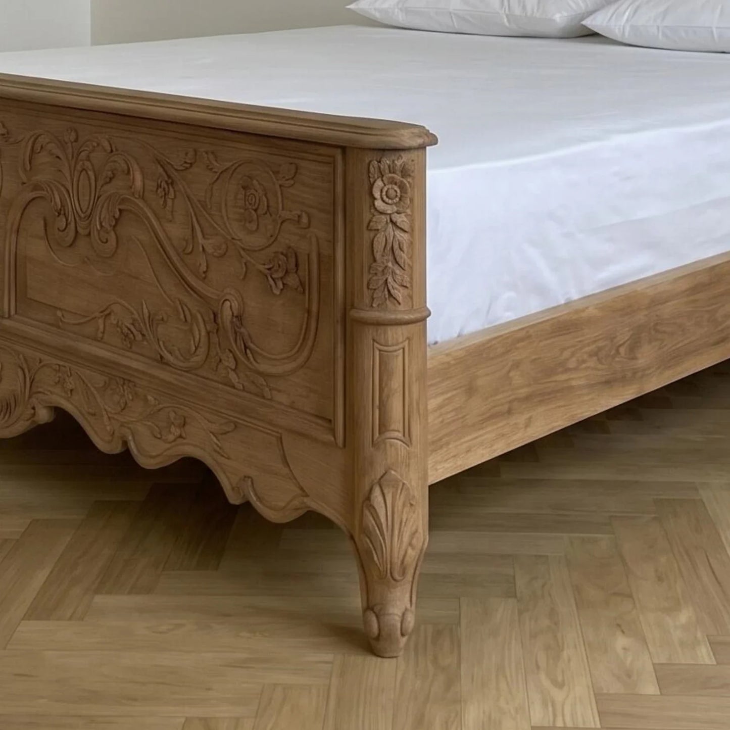 French Retro Carved Bed – Solid Ash Wood Statement Piece