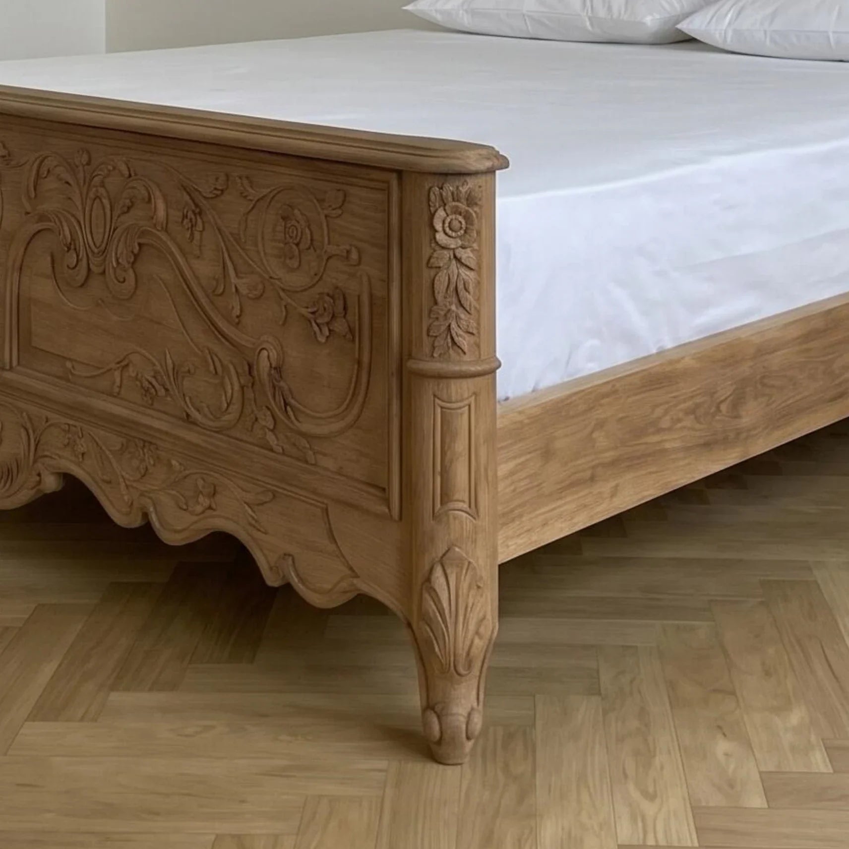 French Retro Carved Bed – Solid Ash Wood Statement Piece