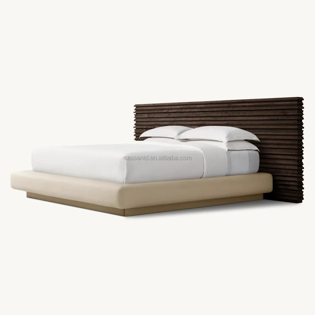 Modern Platform Bed – Extended Panel Headboard in Weathered Oak & Fabric