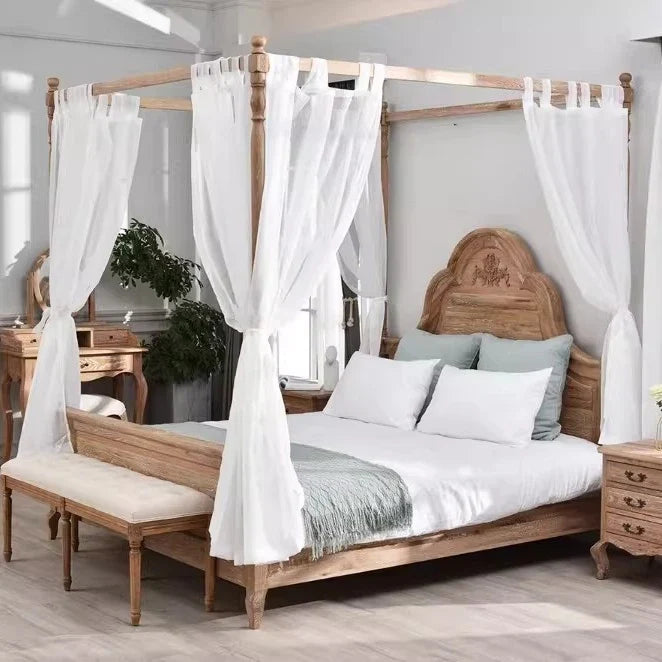 Four-Poster Bed – French Retro Natural Birch Wood Statement Piece | 259