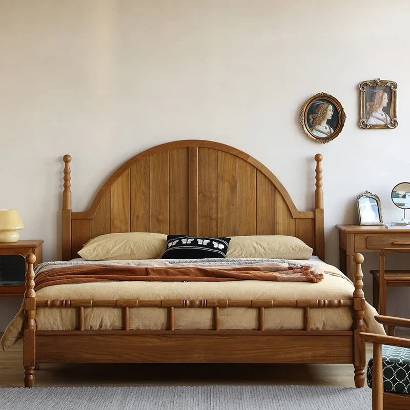 French Retro Solid Wood Bed – Hand-Carved Birch Master Bedroom Statement Piece | 847