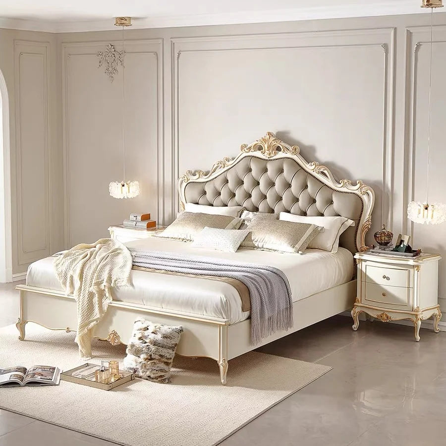 French Provincial Carved Solid Wood Bed – Luxury Gold Statement Piece | 18-1921