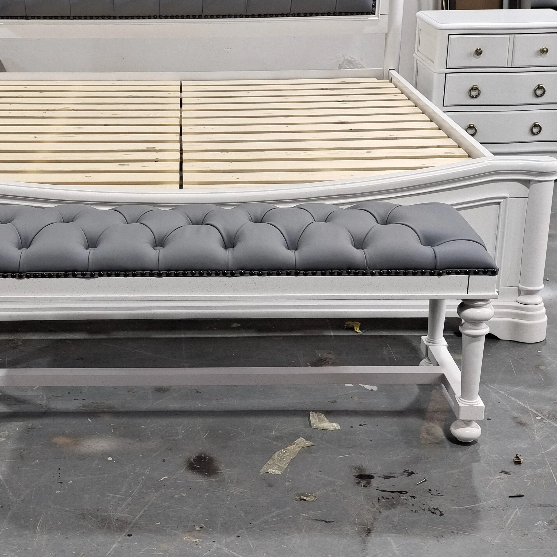 Tufted Upholstered Bed Set – Custom Grey Fabric with Solid Birch Wood