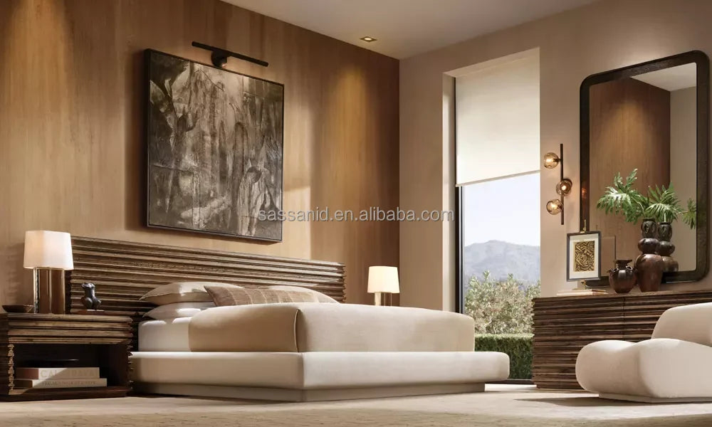 Modern Platform Bed – Extended Panel Headboard in Weathered Oak & Fabric