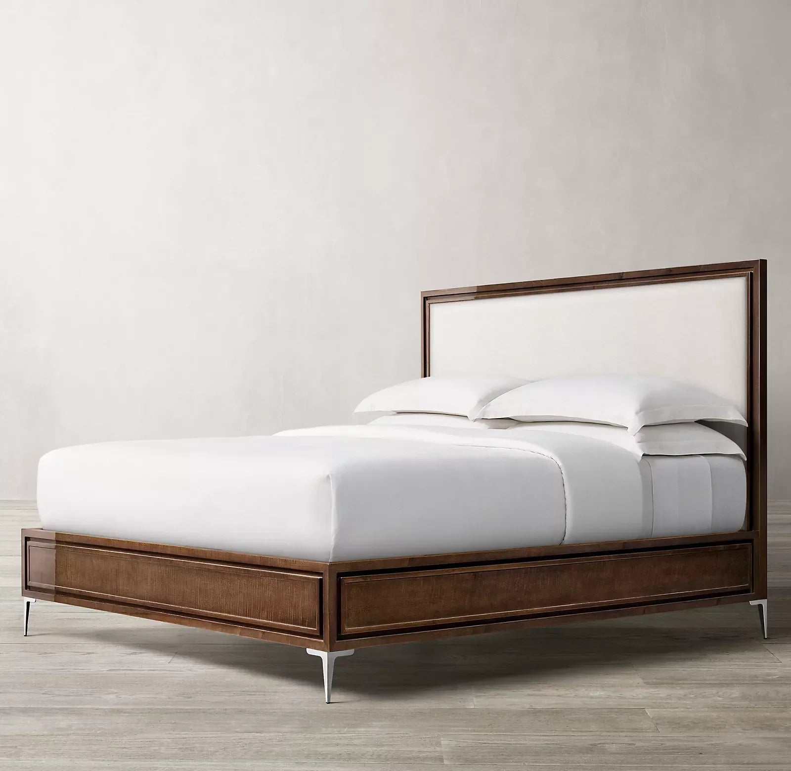 Benoit Upholstered Panel Bed – Lacquered Wood and Polished Stainless Steel