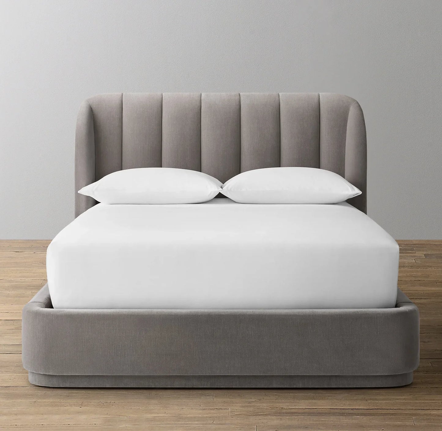Platform Bed – Slipcovered Velvet Headboard – Art Moderne Statement Piece