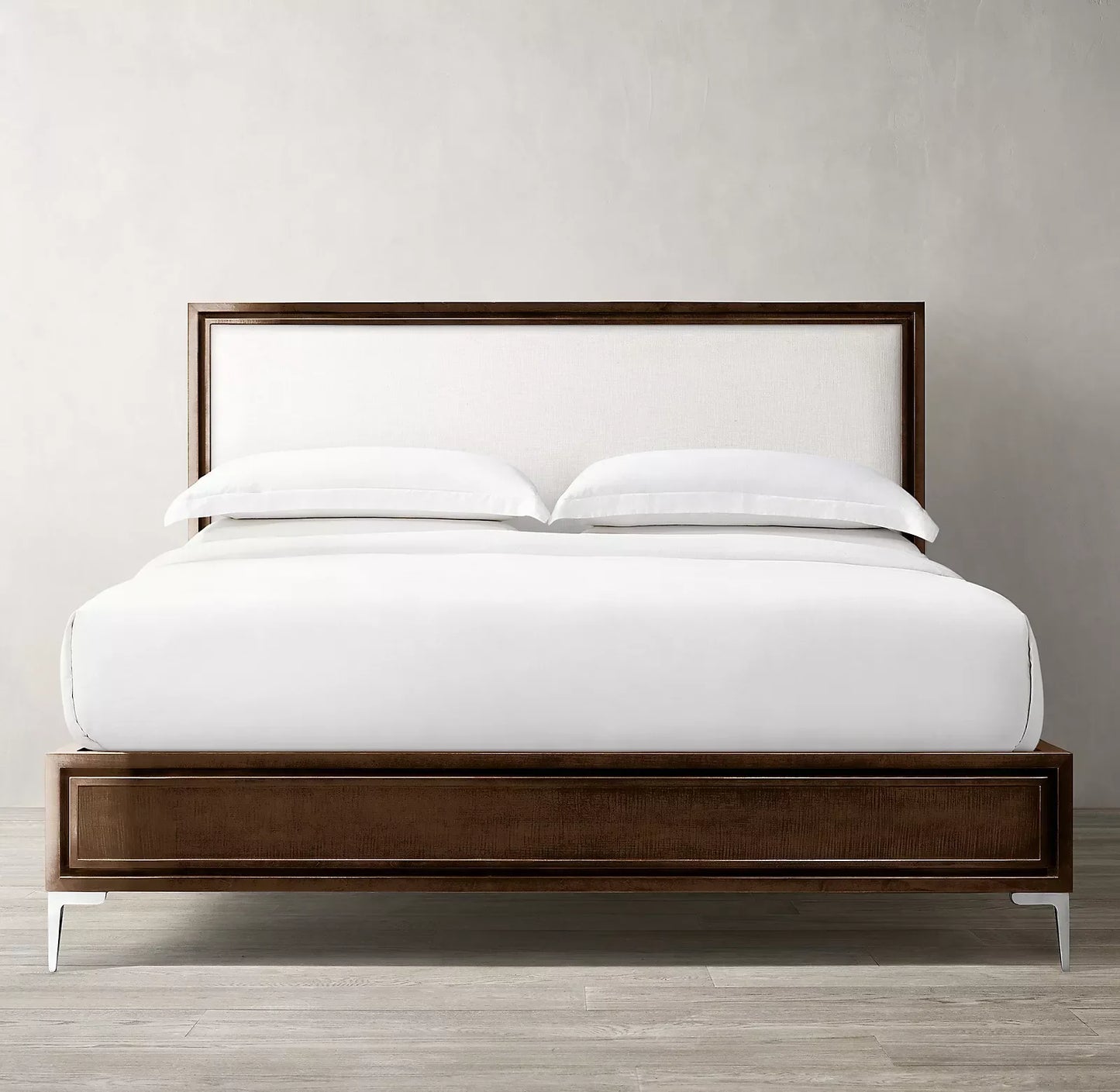 Benoit Upholstered Panel Bed – Lacquered Wood and Polished Stainless Steel