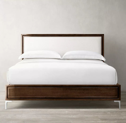 Benoit Upholstered Panel Bed – Lacquered Wood and Polished Stainless Steel