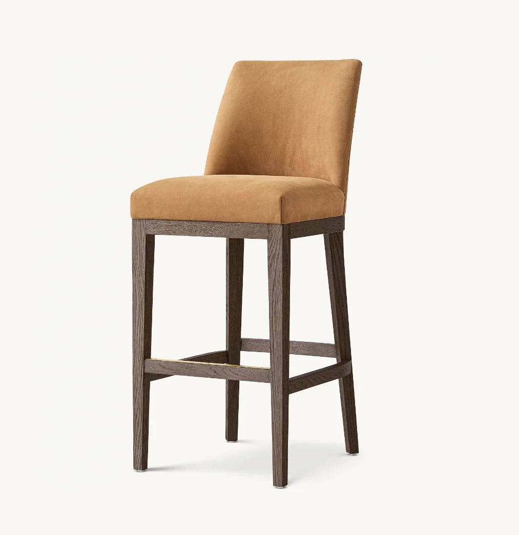 Morgan Curved-Back Leather Bar & Counter Stool – Mid-Century European Oak Statement Piece