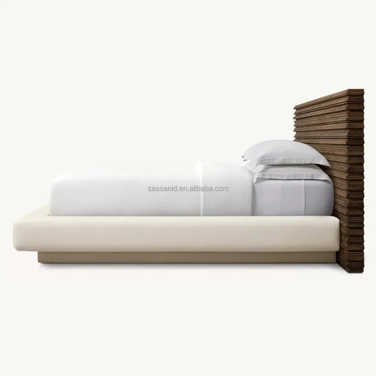 Modern Platform Bed – Extended Panel Headboard in Weathered Oak & Fabric