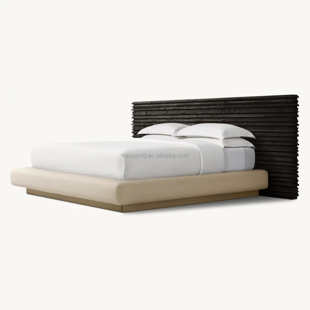 Modern Platform Bed – Extended Panel Headboard in Weathered Oak & Fabric