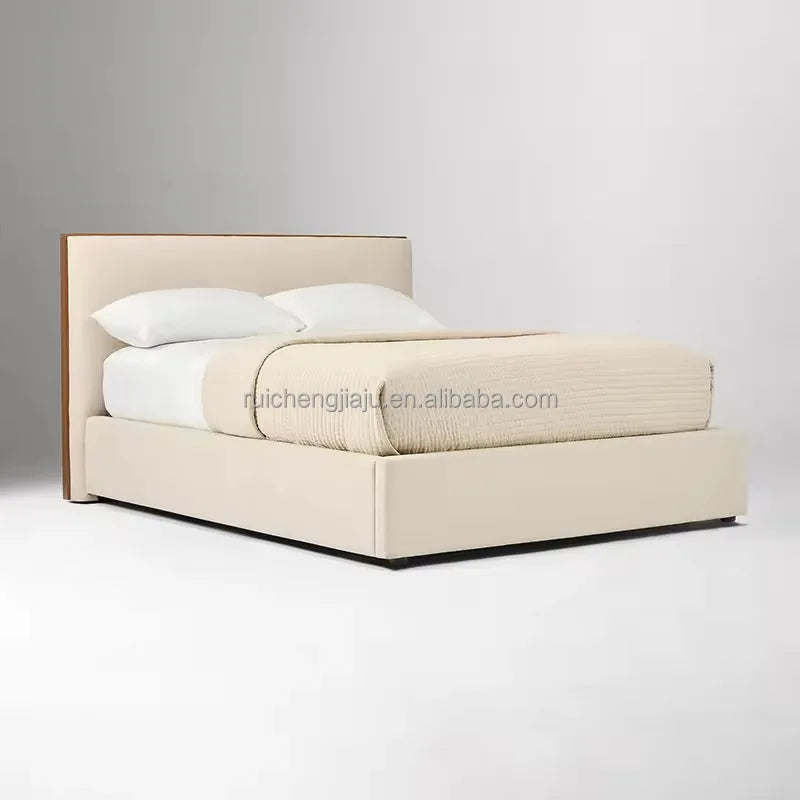 Italian Designer King-Size Bed – Modern Minimalist Upholstered Frame in Cream Fabric
