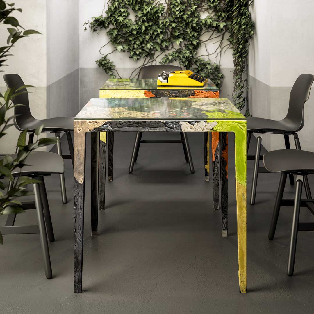 Rememberme Bistrot Dining Table – Repurposed Textile Design with Resin and Tempered Glass Statement Piece