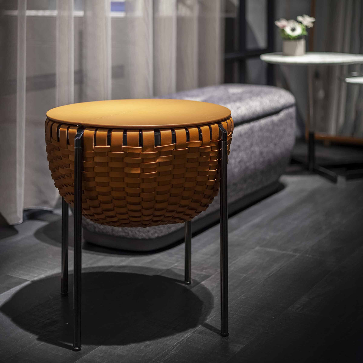 Luxury Round Saddle Leather Coffee Table Modern Italian Style for Villa