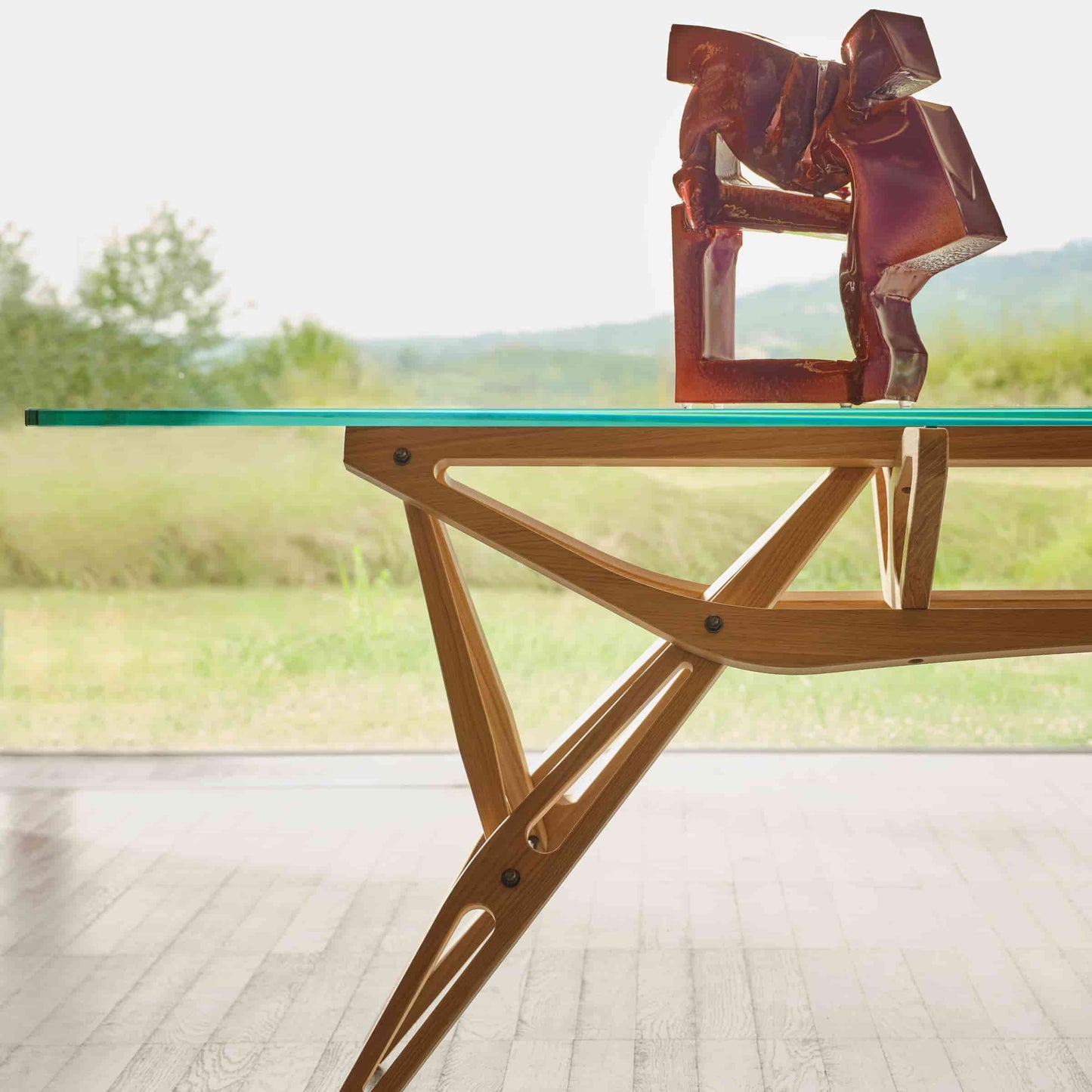 Italian Designer Dining Table – Organic Wood Frame with Glass Top