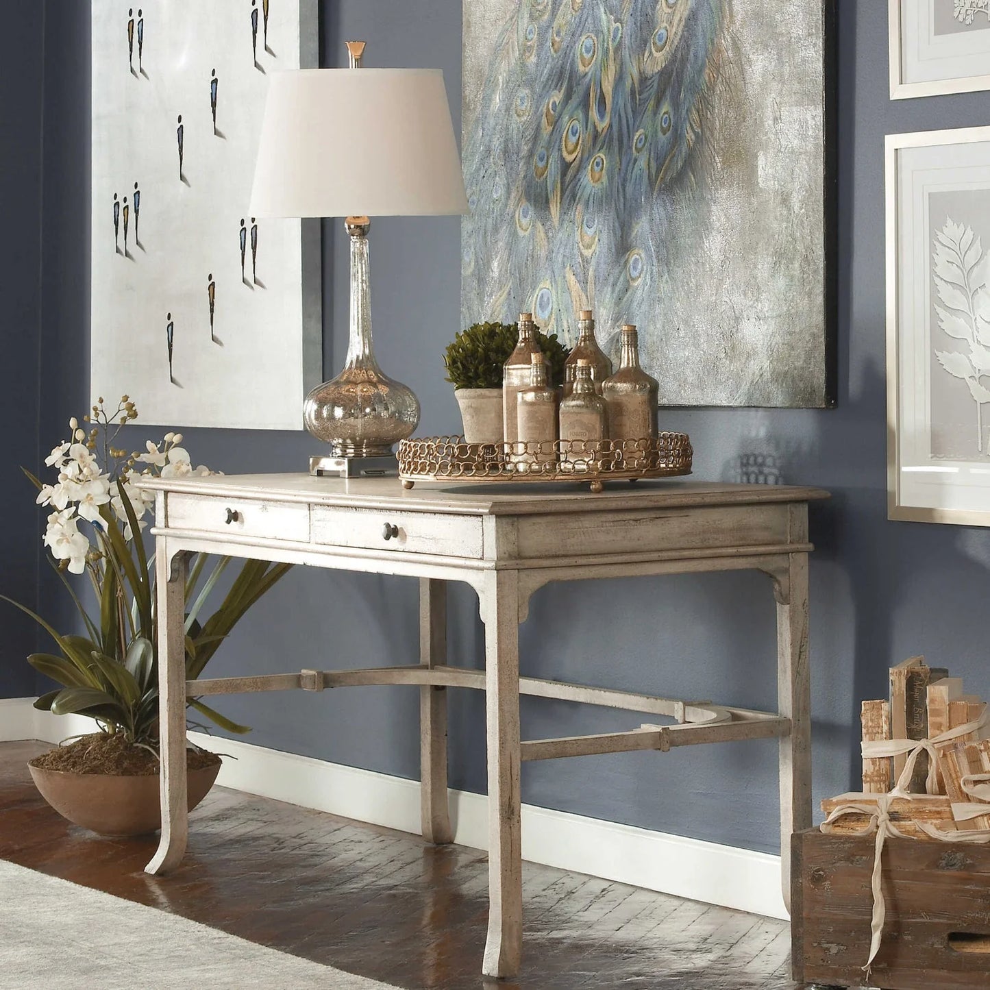 Luxury Aged White 2-Drawer Modern Desk European Style for Villa