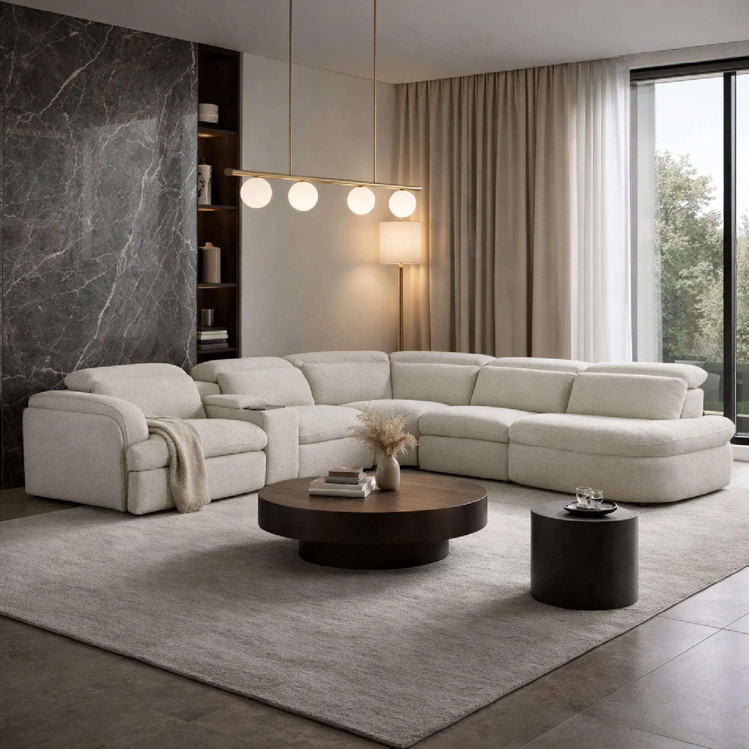 Luxury Ambler White Fabric L-Shaped Recliner Sectional Sofa Modern Italian Style for Villa