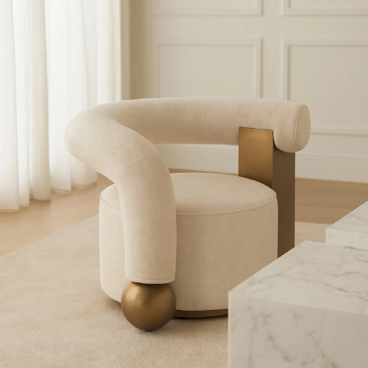 Luxury Antique Brass Beige Accent Chair European Style for Villa