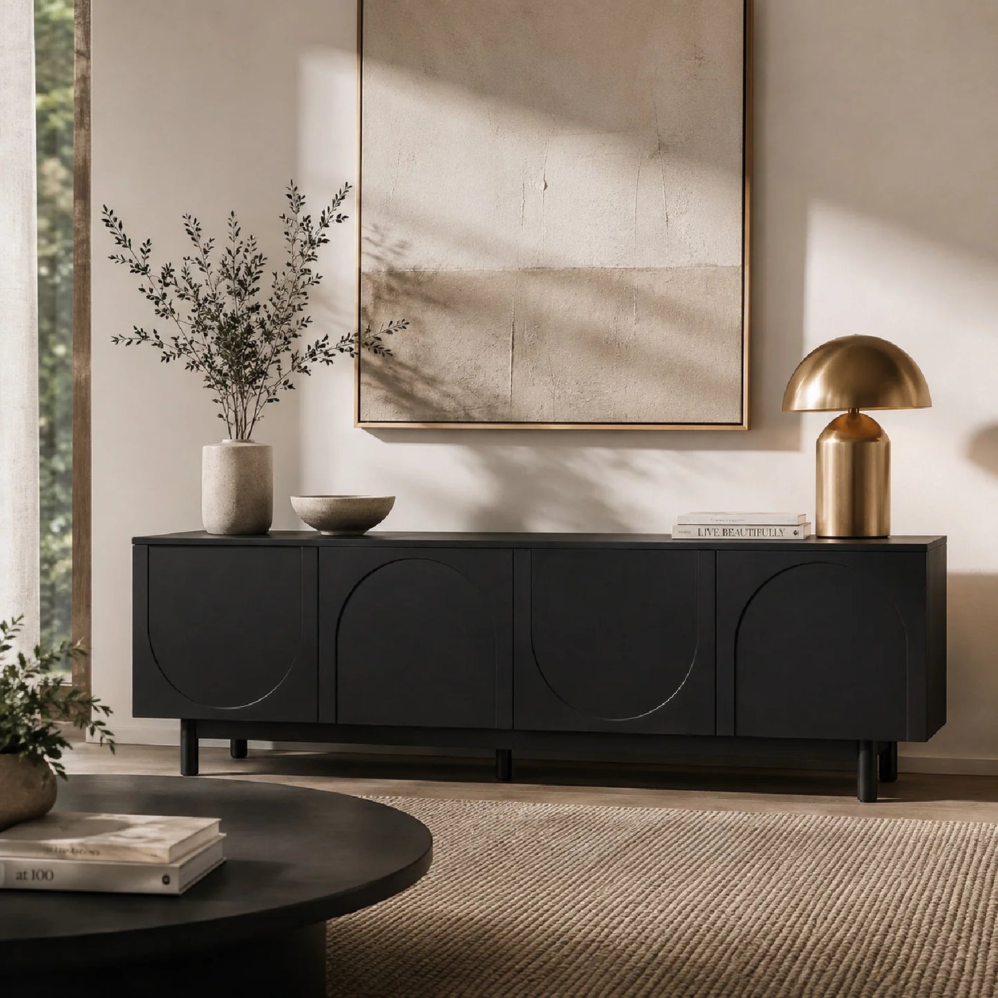 Luxury Arch Black Wood TV Stand Modern Italian Style for Villa