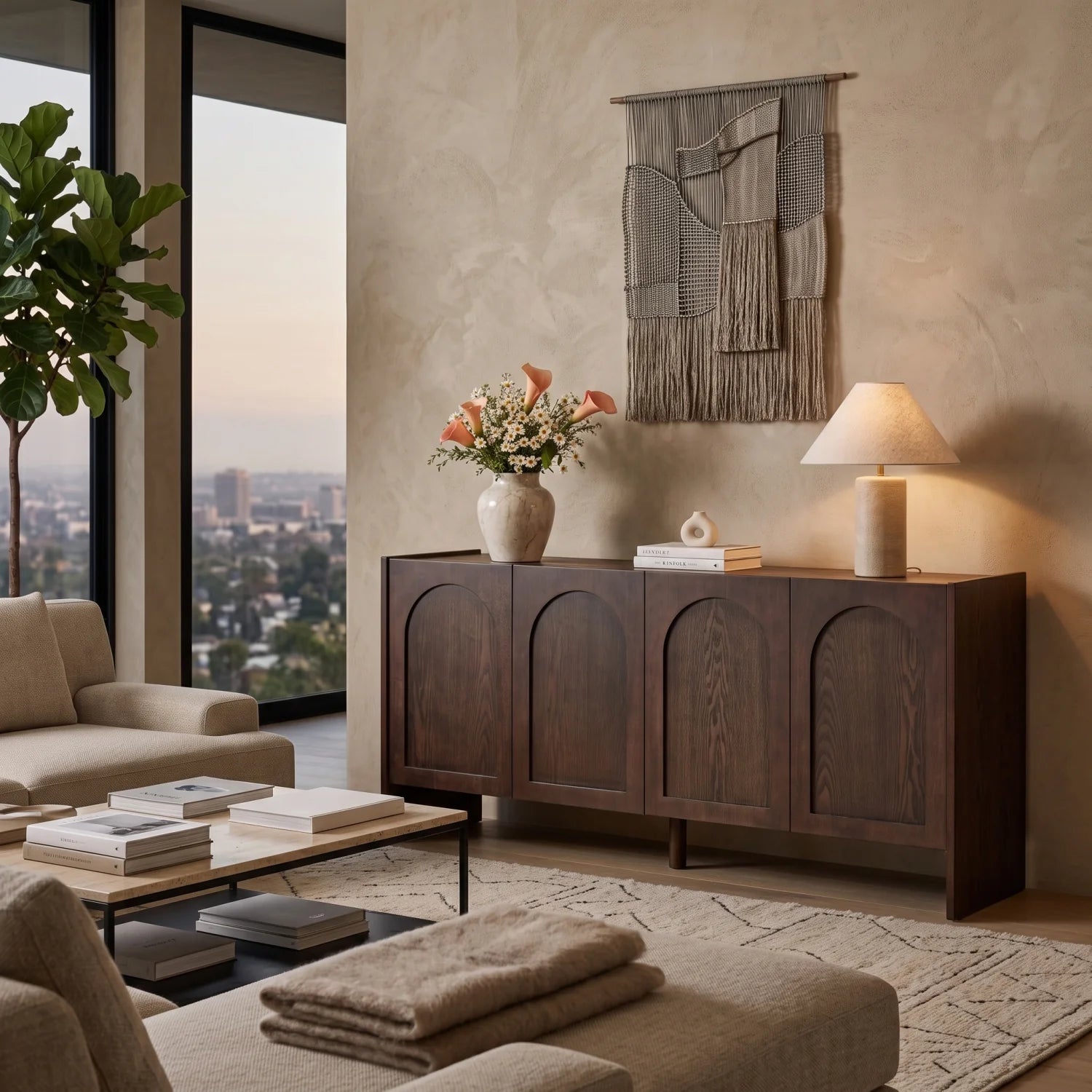 Luxury Arched Wood 4-Door Sideboard European Style for Villa