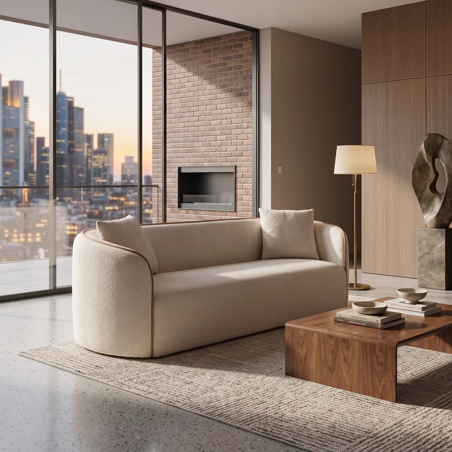 Luxury Beige Boucle Curved Sofa Modern Italian Style for Villa
