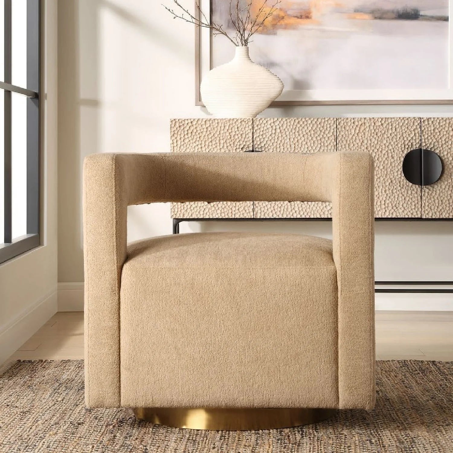 Luxury Beige Boucle Swivel Chair Modern Italian Style for Villa