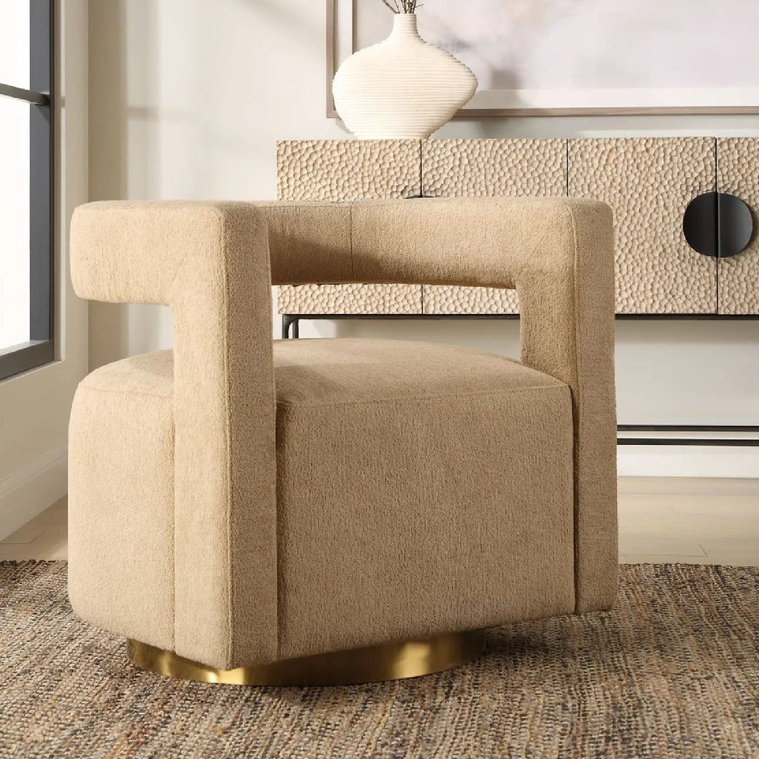 Luxury Beige Boucle Swivel Chair Modern Italian Style for Villa