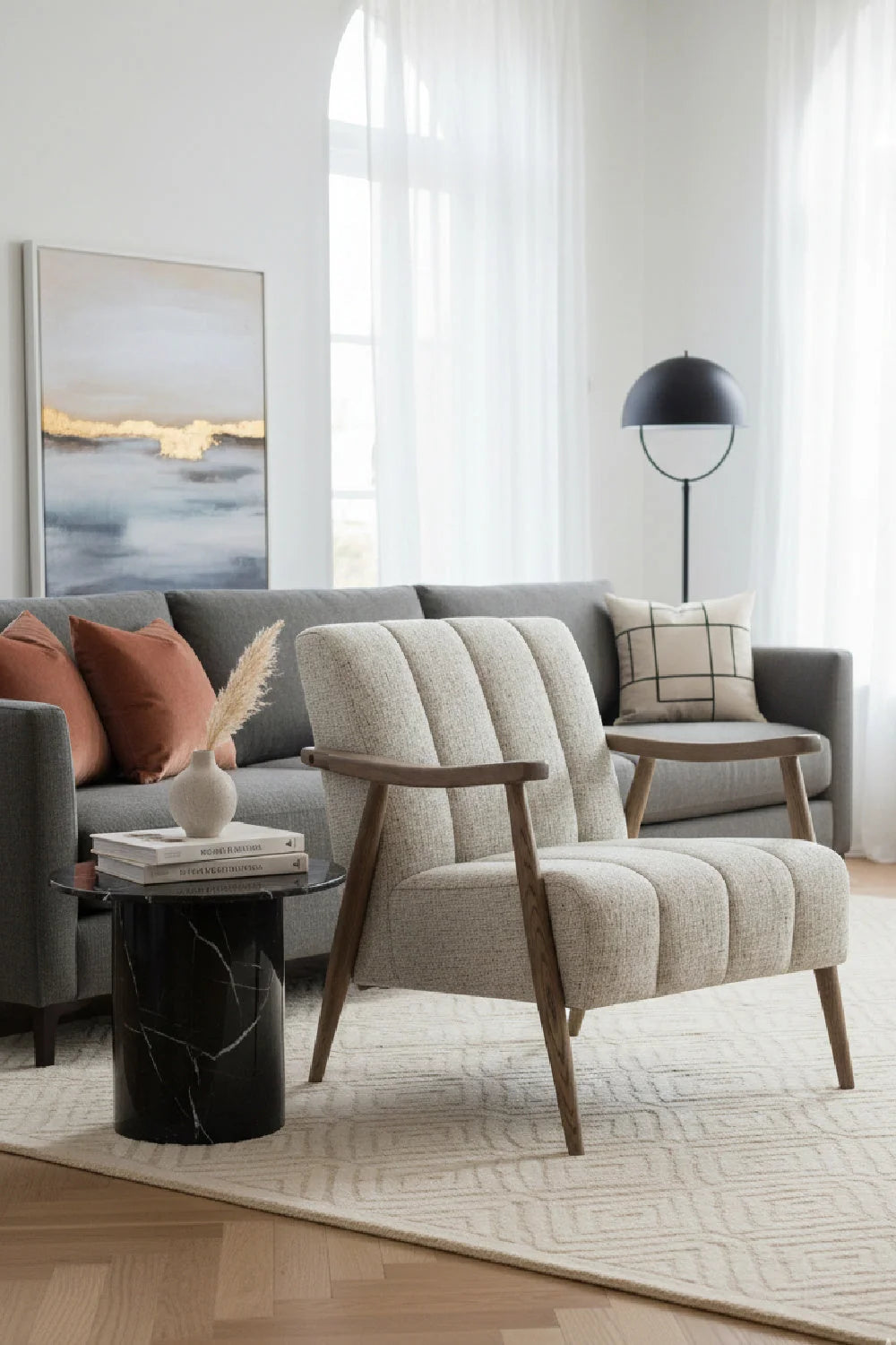 Luxury Beige Channeled Accent Chair European Style for Villa