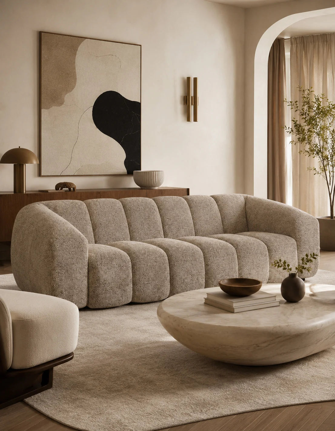 Luxury Beige Chenille Channeled Sofa Modern Italian Style for Villa