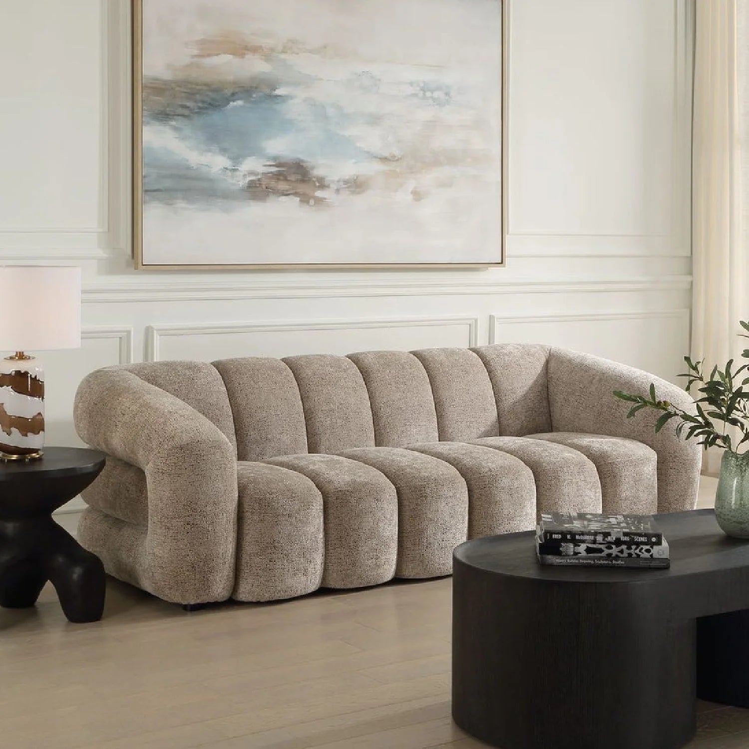 Luxury Beige Chenille Channeled Sofa Modern Italian Style for Villa