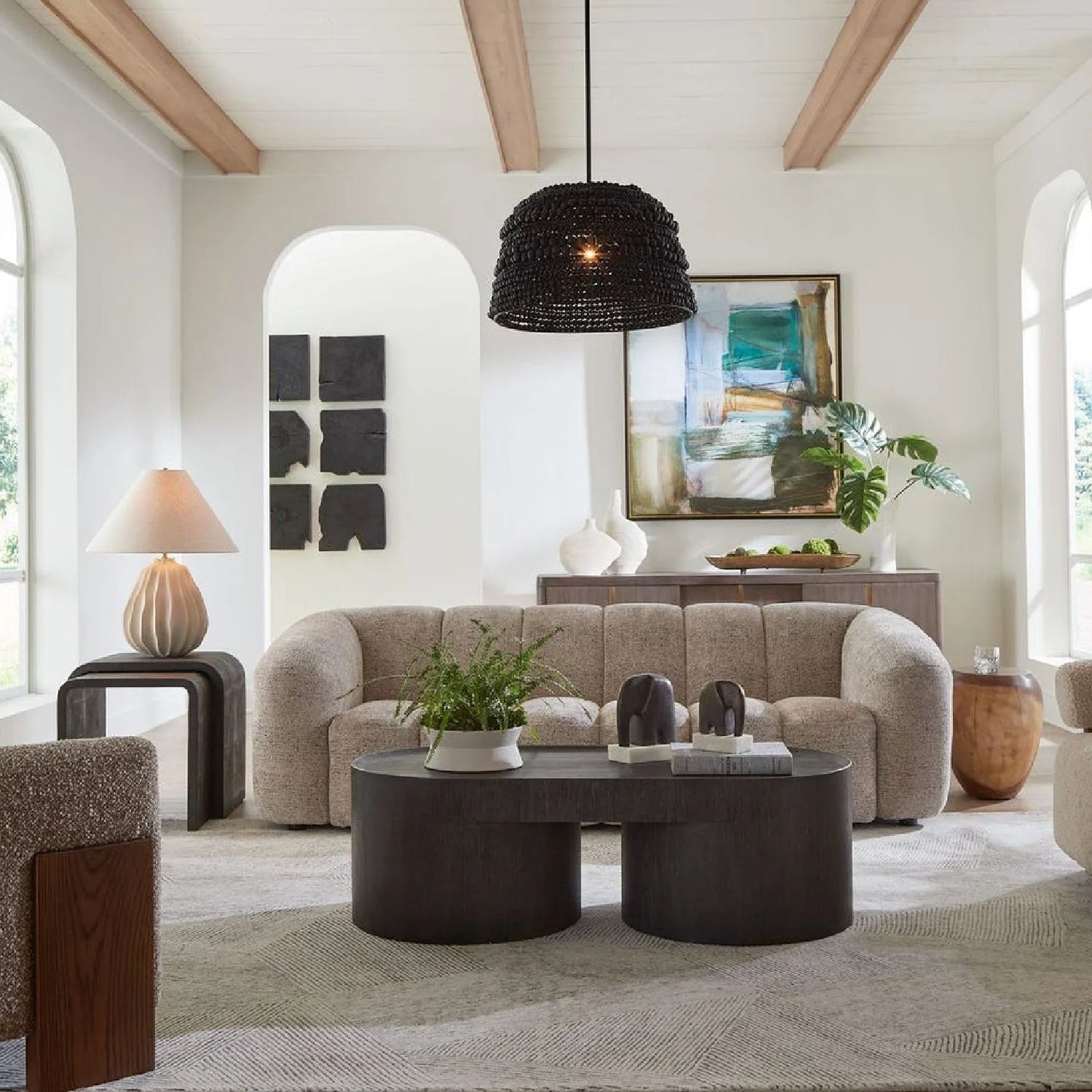 Luxury Beige Chenille Channeled Sofa Modern Italian Style for Villa