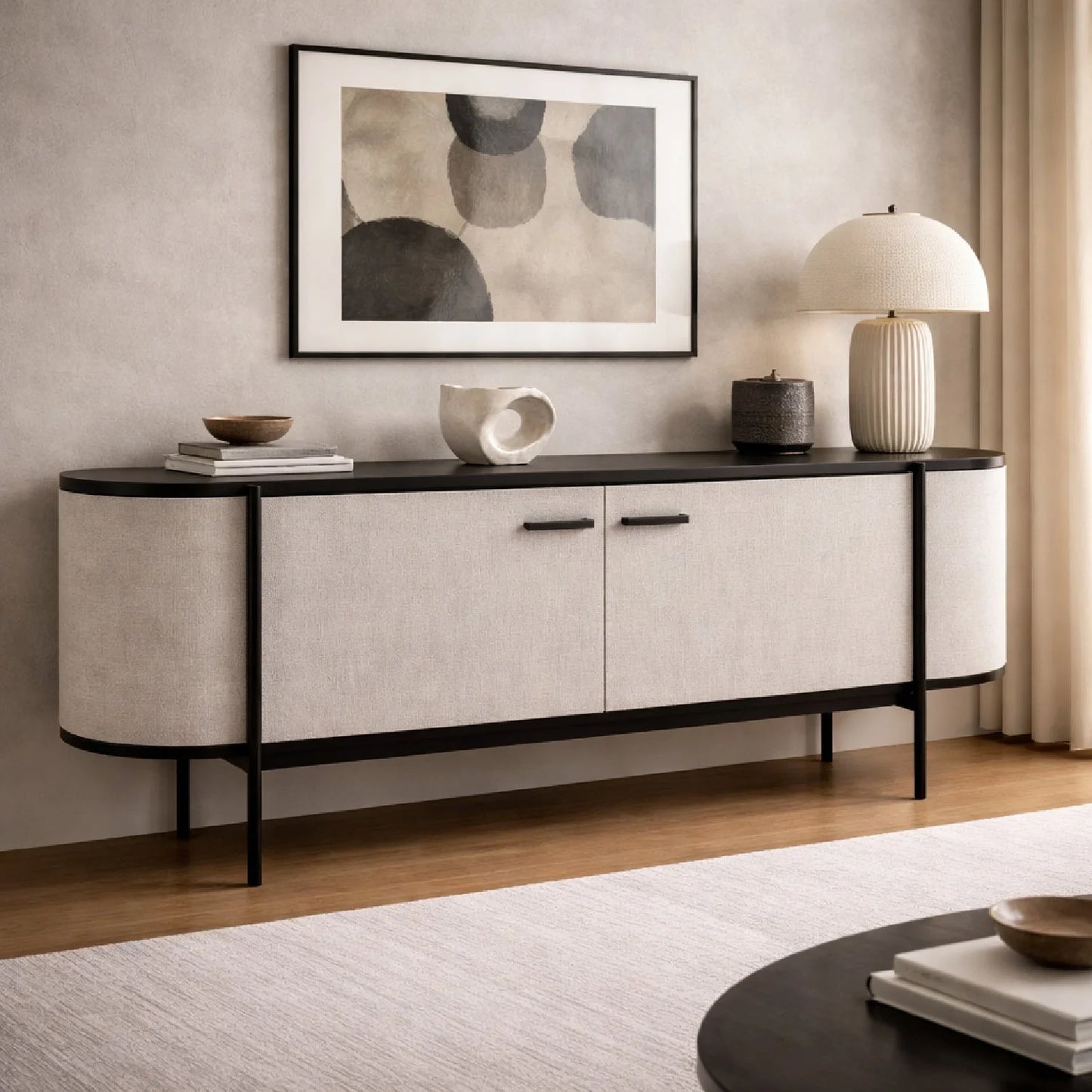 Luxury Beige Fabric 2-Door Sideboard European Style for Villa