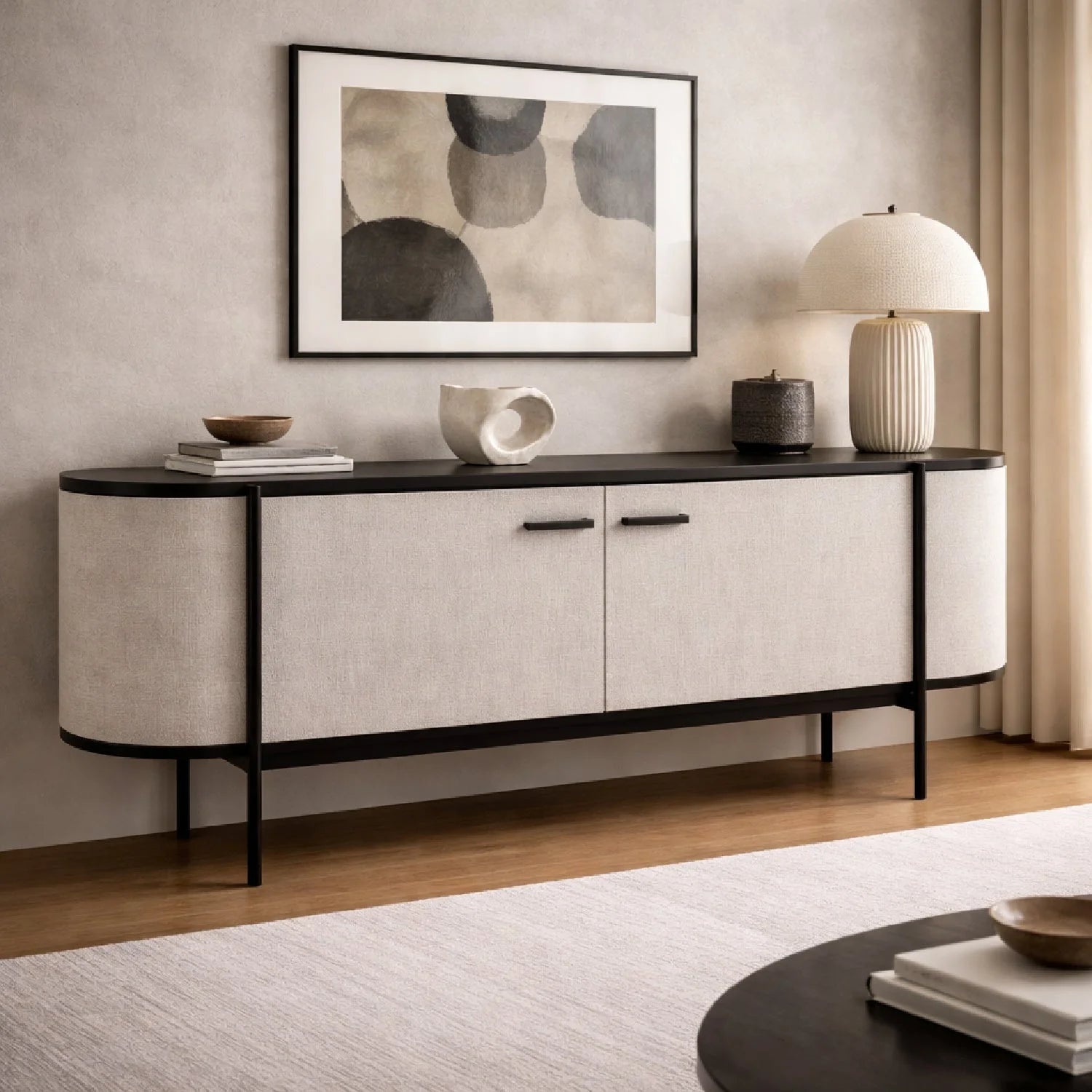 Luxury Beige Fabric 2-Door Sideboard European Style for Villa