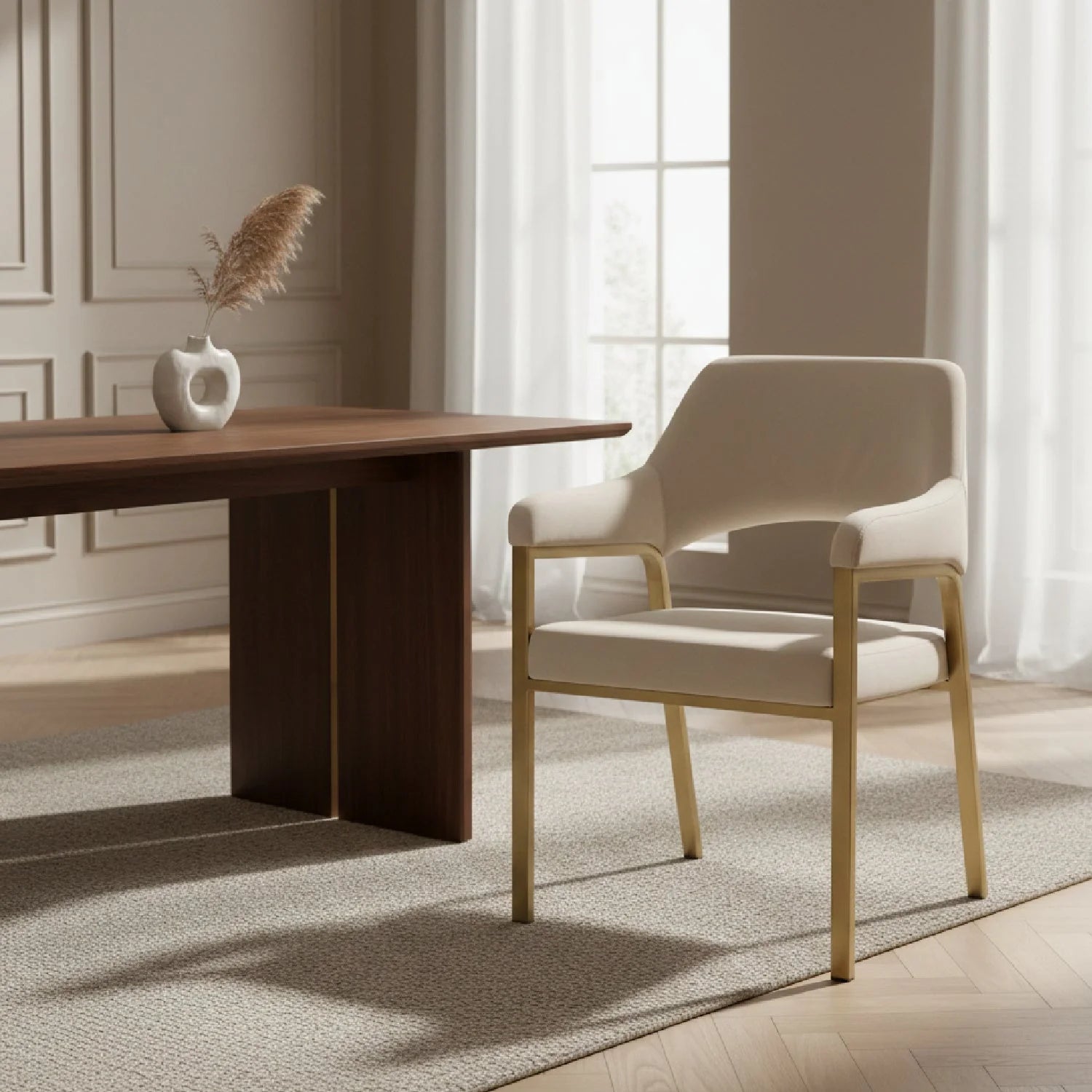 Luxury Beige Fabric Dining Armchair European Style for Villa