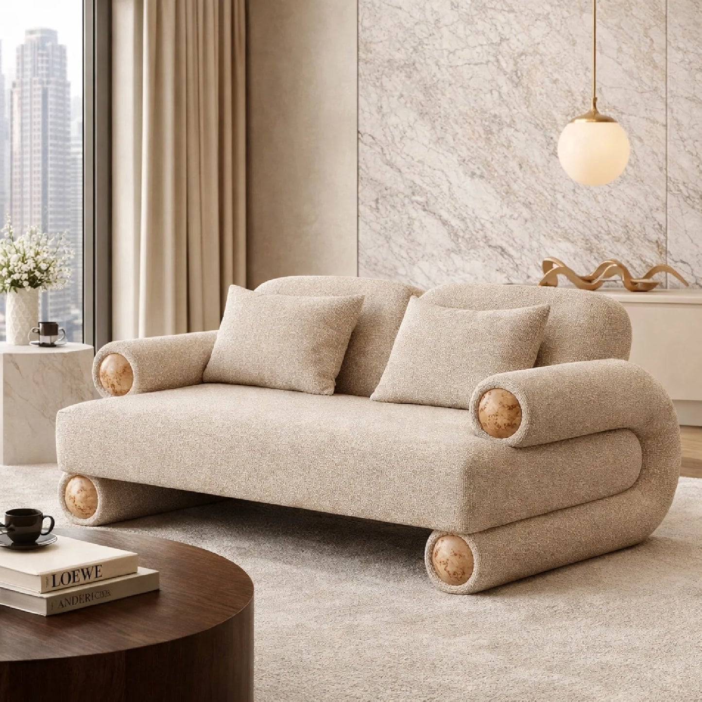 Luxury Beige Fabric Loveseat Modern Italian Style for Villa
