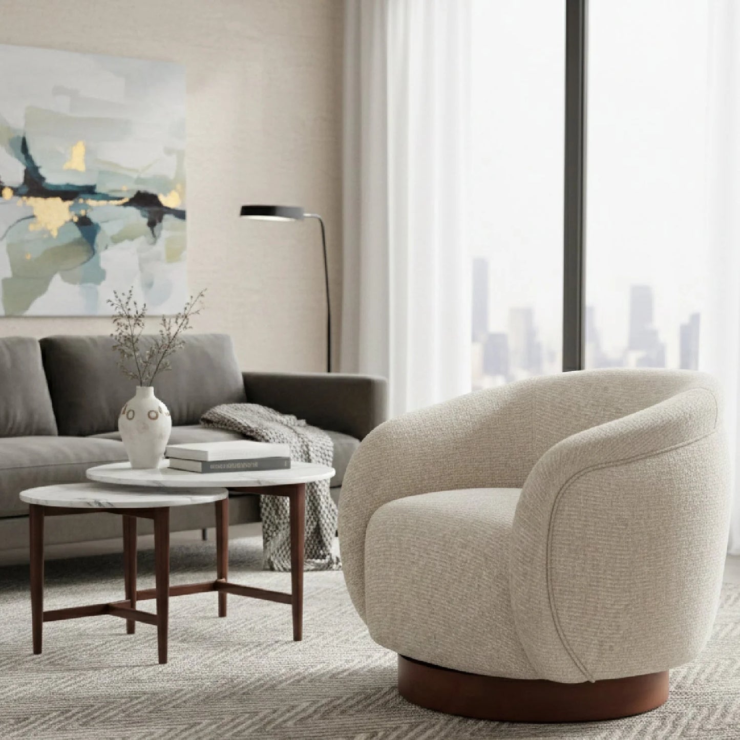 Luxury Beige Fabric Swivel Lounge Chair European Style for Villa