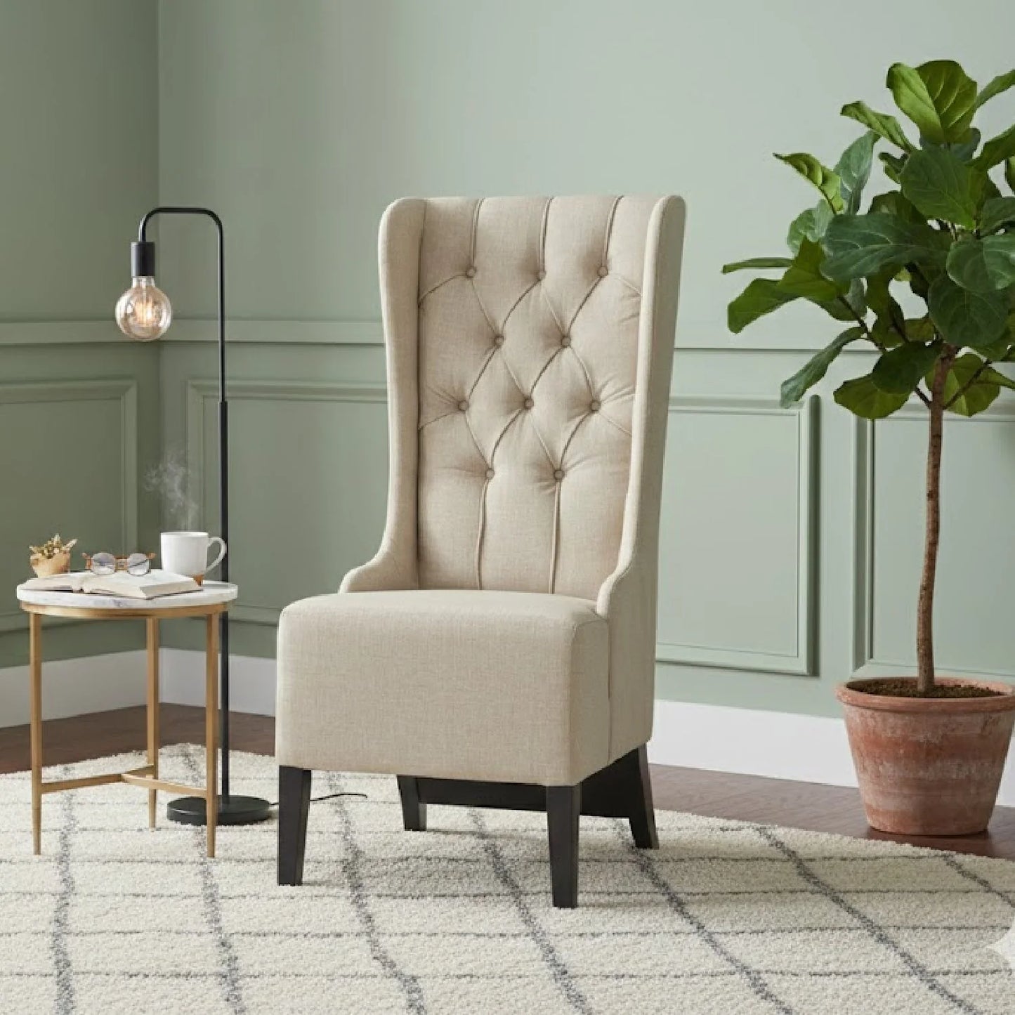 Luxury Beige Linen High Back Accent Chair European Style for Villa