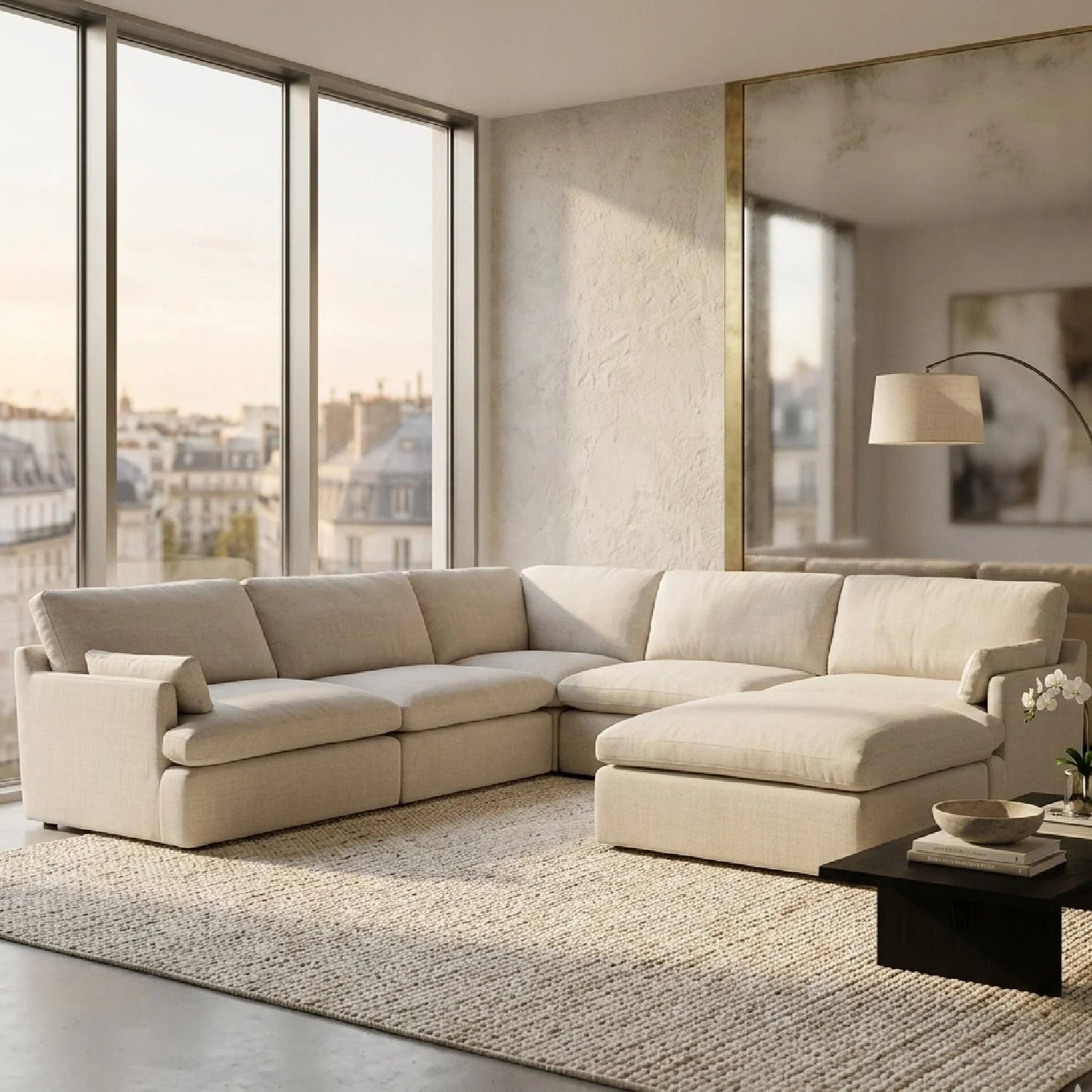 Luxury Beige Linen Sectional Sofa Modern Italian Style for Villa