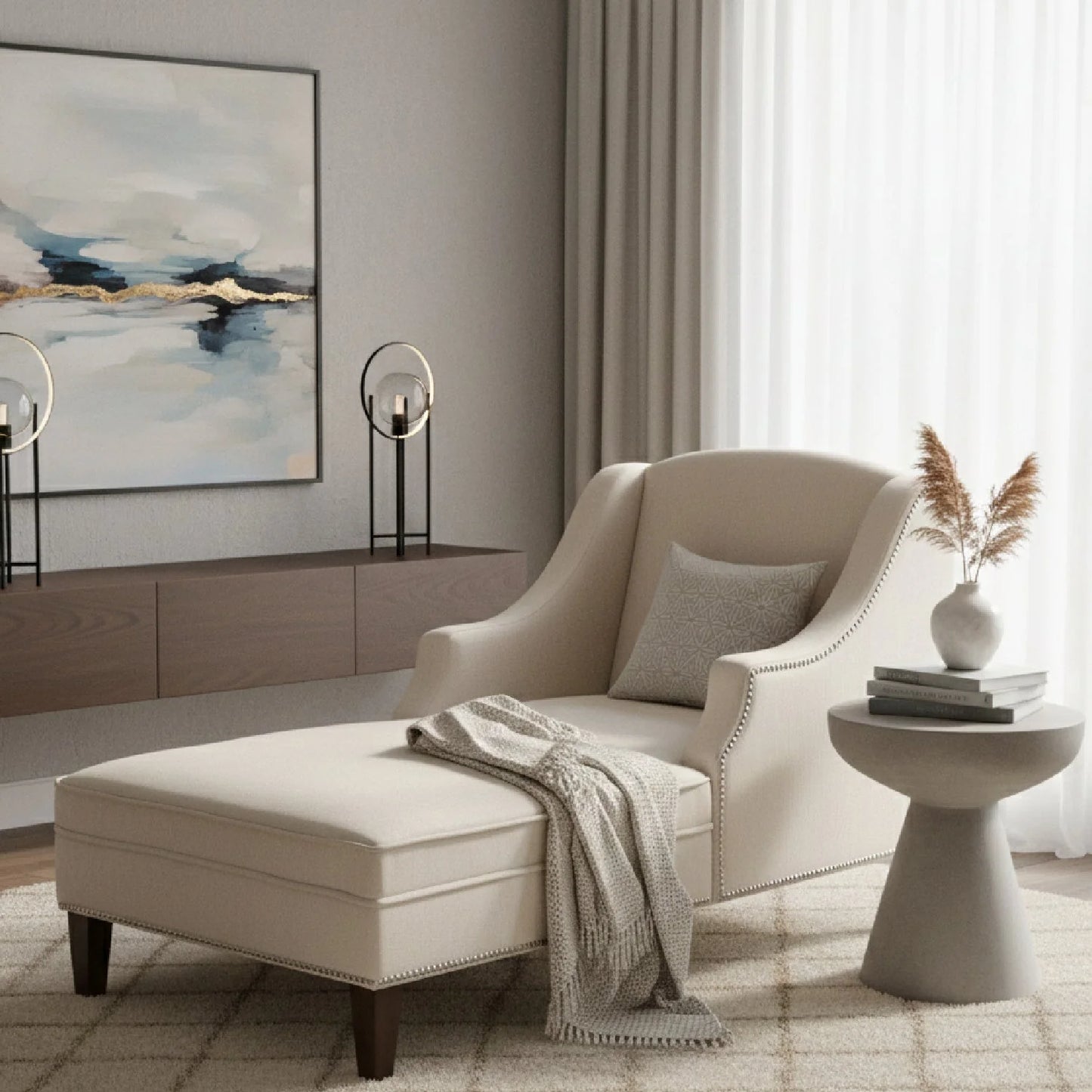 Luxury Beige Nailhead Trimmed Chaise Lounge European Style for Villa